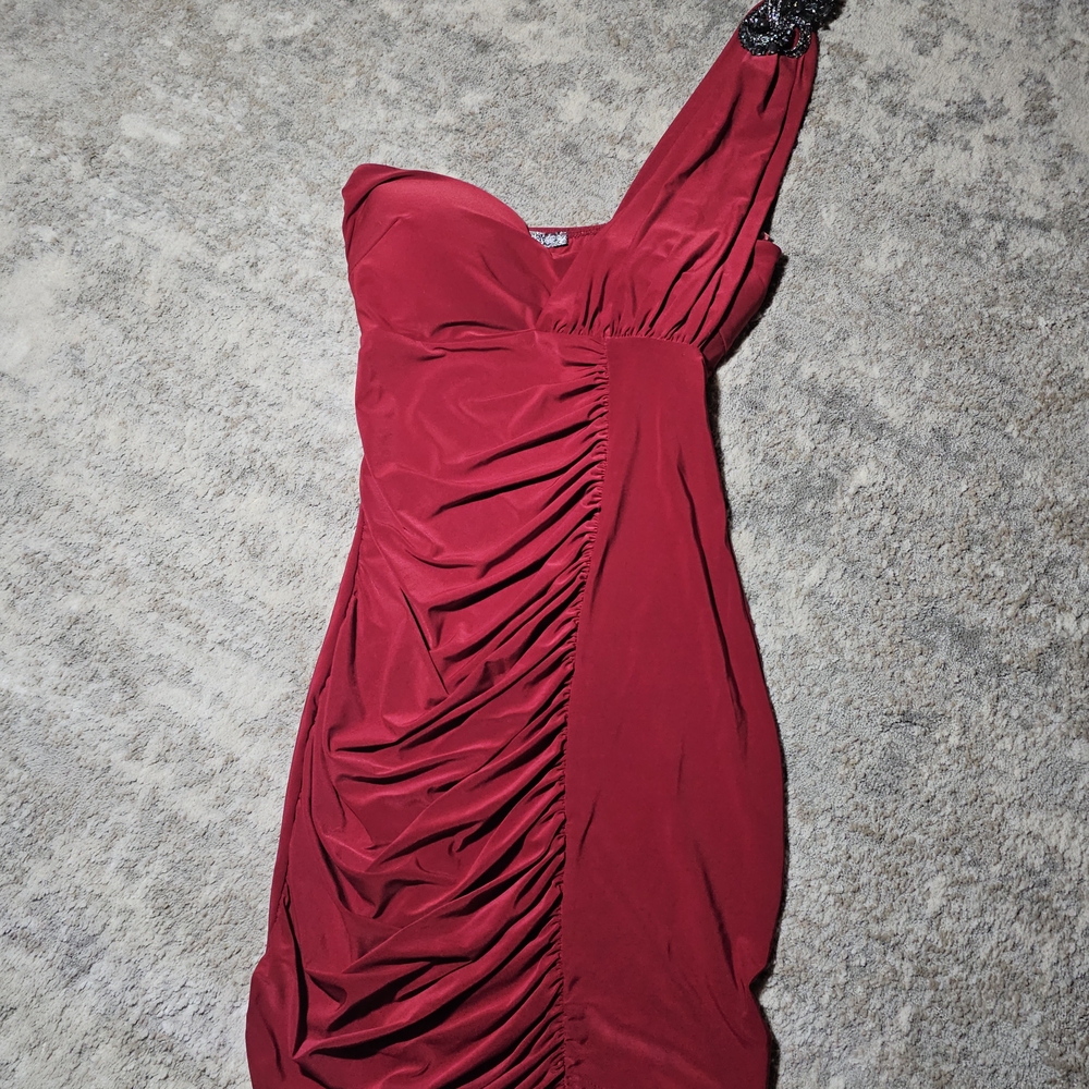 Red Asymmetrical Ruched Mini Dress